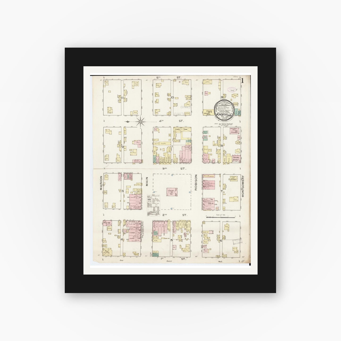 Old map wall art mockup — black gallery frame with white mat — Sanborn Fire Insurance Map from Knoxville, Marion County, Iowa (1886) â€” Complete Set