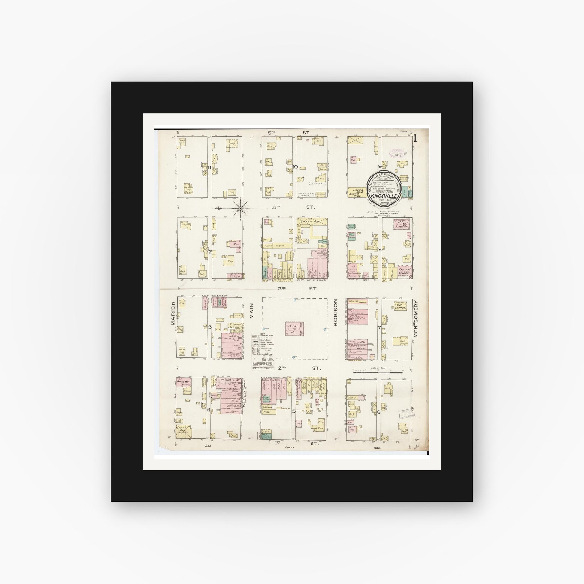 Old map wall art mockup — black gallery frame with white mat — Sanborn Fire Insurance Map from Knoxville, Marion County, Iowa (1886) â€” Complete Set