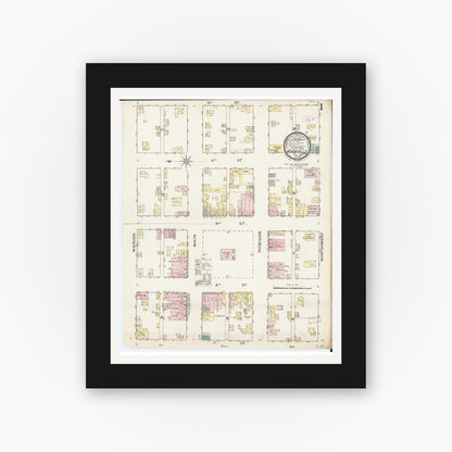Old map wall art mockup — black gallery frame with white mat — Sanborn Fire Insurance Map from Knoxville, Marion County, Iowa (1886) â€” Complete Set