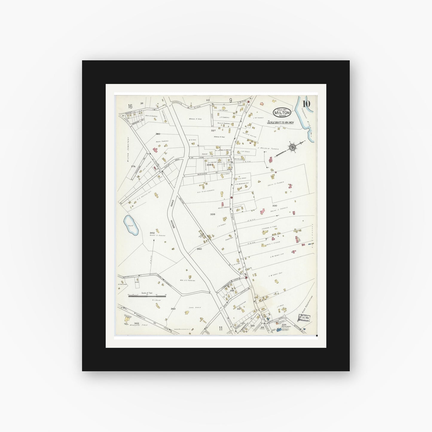 Old map wall art mockup — black gallery frame with white mat — Sanborn Fire Insurance Map from Milton, Norfolk County, Massachusetts (1917), Sheet #0010