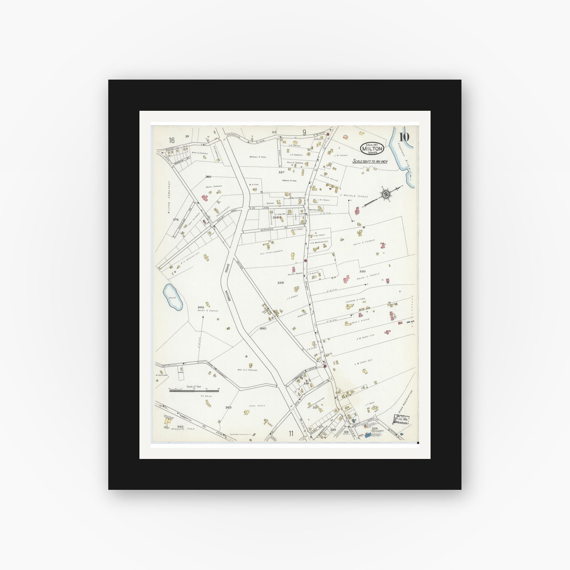 Old map wall art mockup — black gallery frame with white mat — Sanborn Fire Insurance Map from Milton, Norfolk County, Massachusetts (1917), Sheet #0010