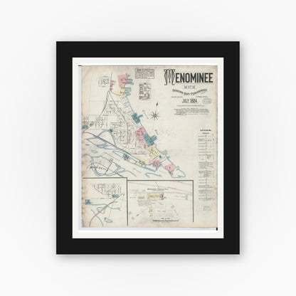 Old map wall art mockup — black gallery frame with white mat — Sanborn Fire Insurance Map from Menominee, Menominee County, Michigan (1884) - Complete Map Set