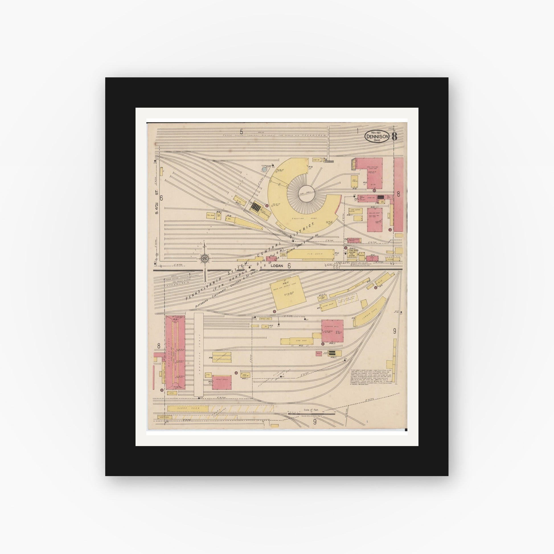 Old map wall art mockup — black gallery frame with white mat — Sanborn Fire Insurance Map from Dennison, Tuscarawas County, Ohio (1921), Sheet #0008