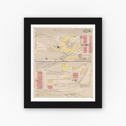 Old map wall art mockup — black gallery frame with white mat — Sanborn Fire Insurance Map from Dennison, Tuscarawas County, Ohio (1921), Sheet #0008