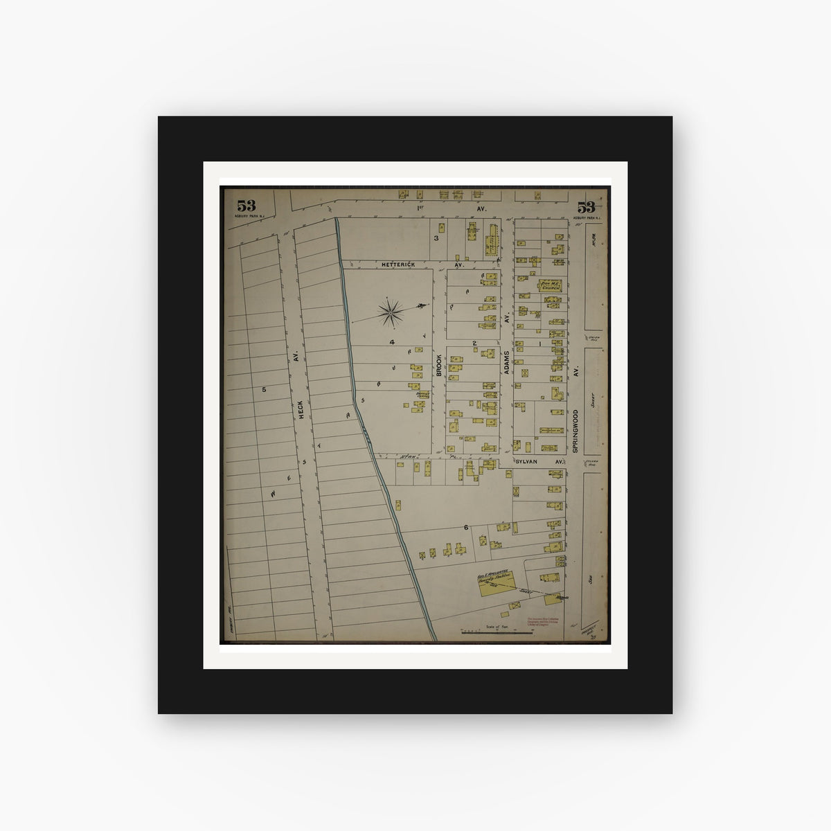Old map wall art mockup — black gallery frame with white mat — Sanborn Fire Insurance Map from New Jersey Coast, New Jersey Coast, New Jersey (1890), Sheet #0053