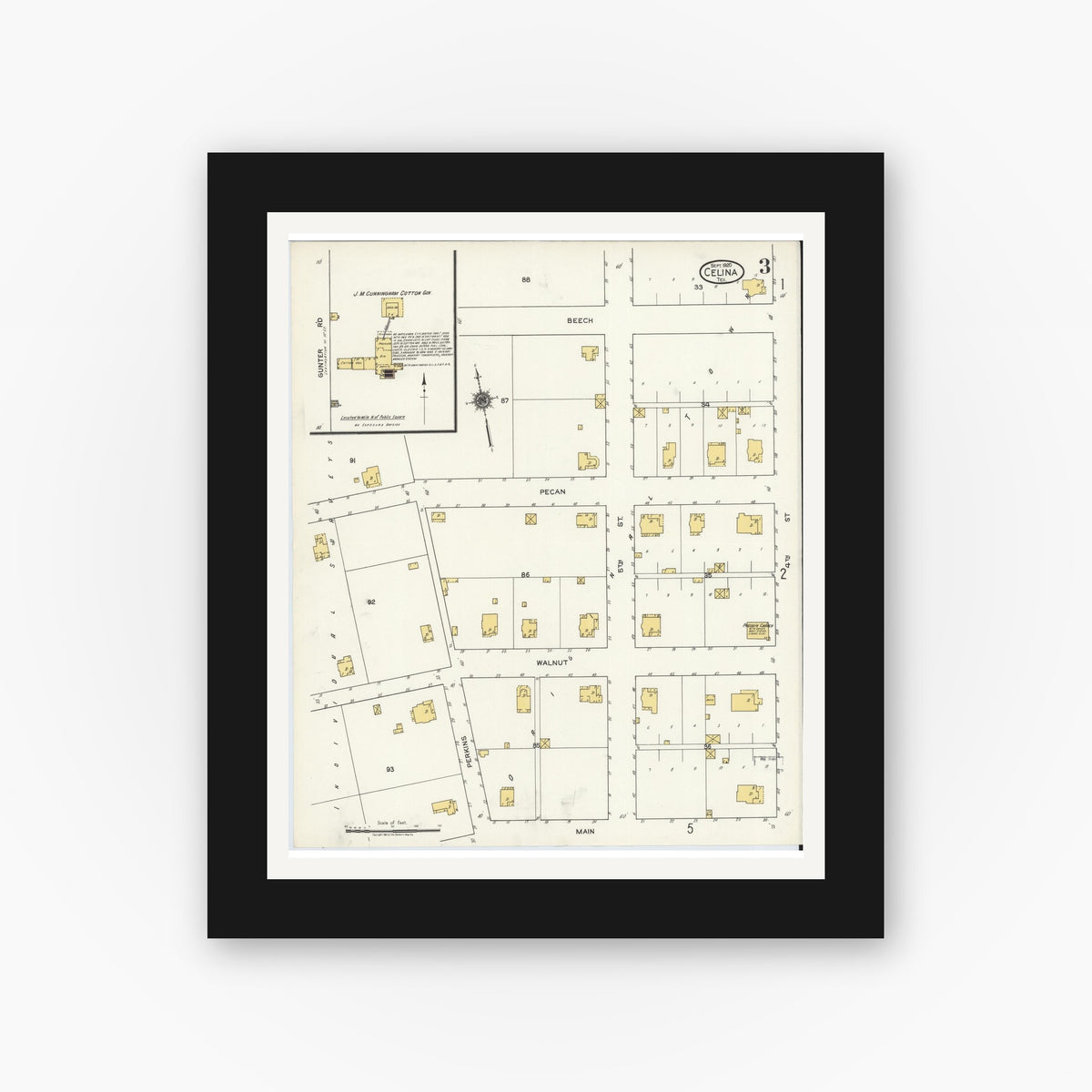 Old map wall art mockup — black gallery frame with white mat — Sanborn Fire Insurance Map from Celina, Collin County, Texas (1920), Sheet #0003
