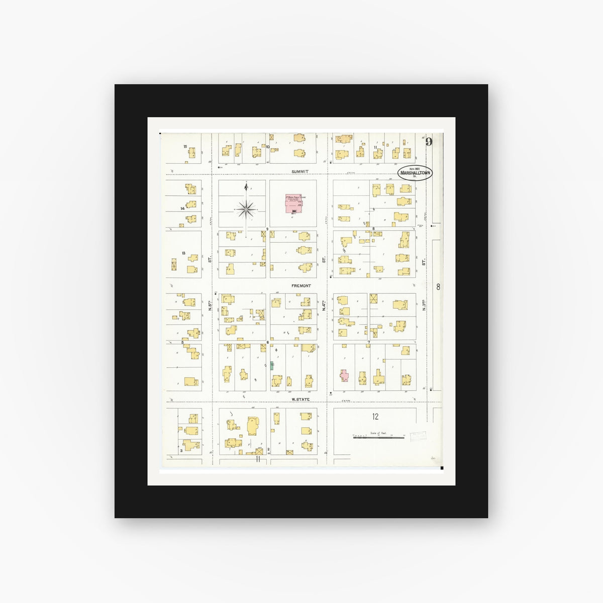 Old map wall art mockup — black gallery frame with white mat — Sanborn Fire Insurance Map from Marshalltown, Marshall County, Iowa (1901), Sheet #0009
