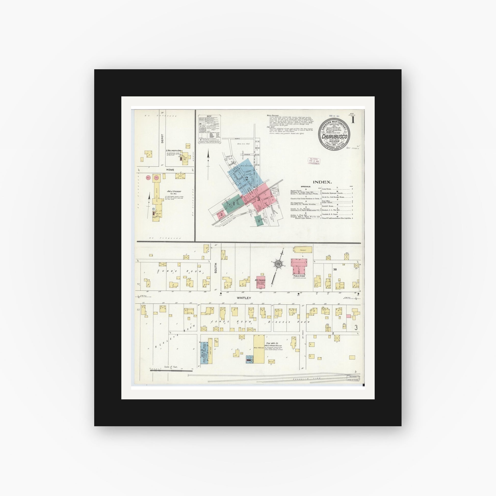 Old map wall art mockup — black gallery frame with white mat — Sanborn Fire Insurance Map from Churubusco, Whitley County, Indiana (1911) - Complete Map Set
