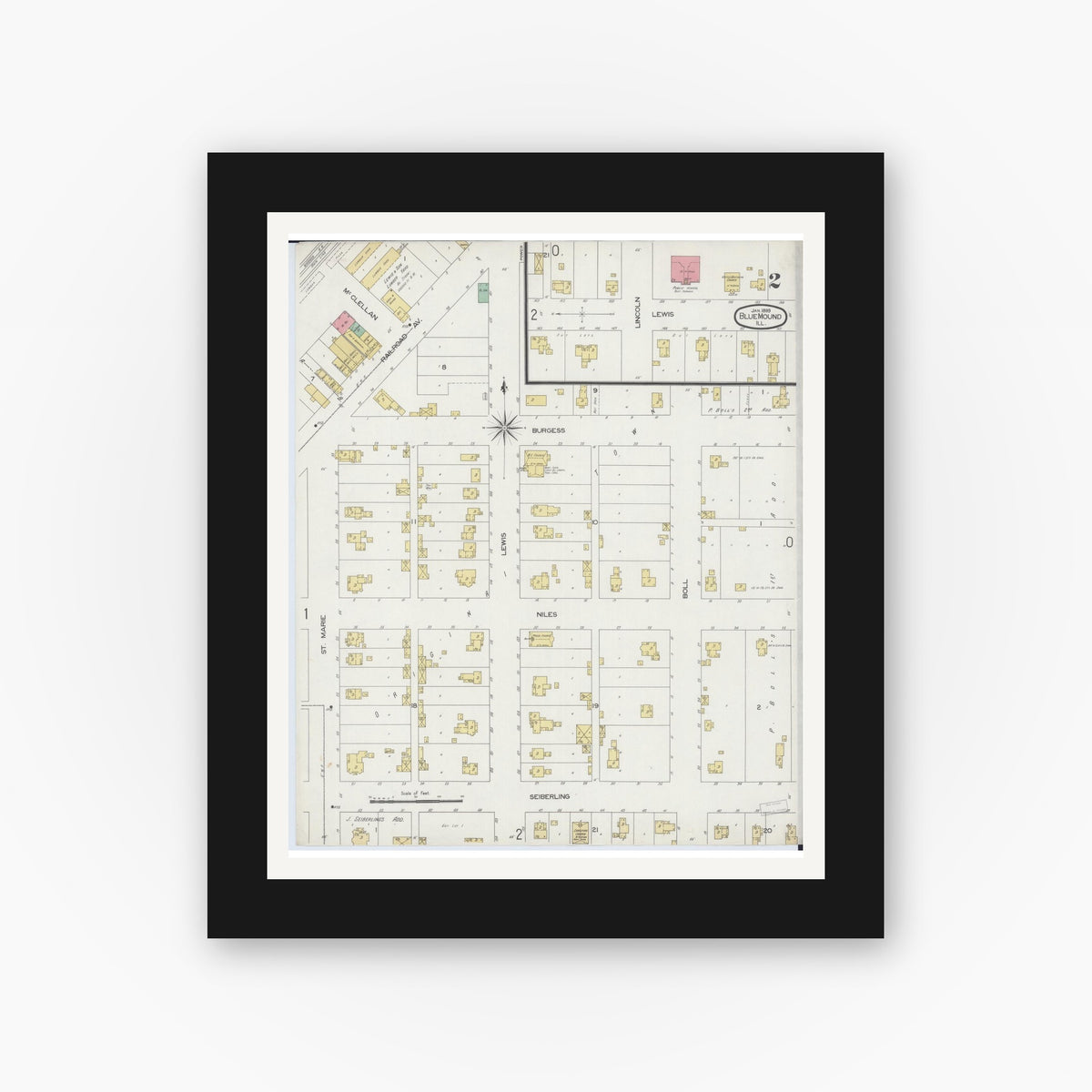 Old map wall art mockup — black gallery frame with white mat — Sanborn Fire Insurance Map from Blue Mound, Macon County, Illinois (1899), Sheet #0002