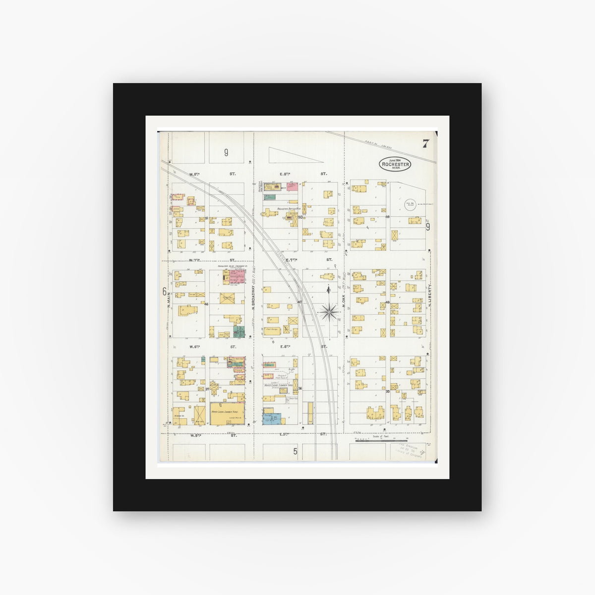 Old map wall art mockup — black gallery frame with white mat — Sanborn Fire Insurance Map from Rochester, Olmsted County, Minnesota (1904), Sheet #0007