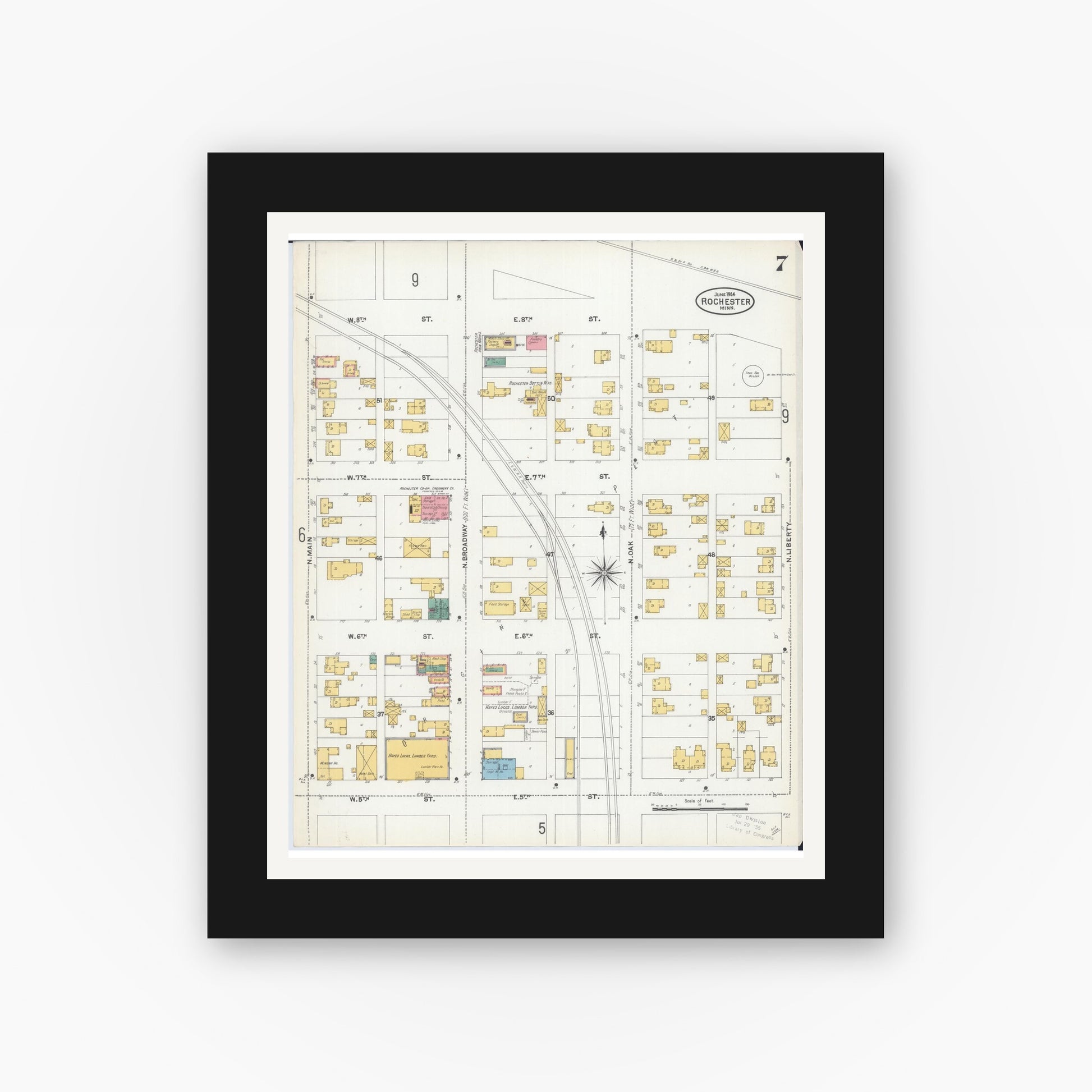 Old map wall art mockup — black gallery frame with white mat — Sanborn Fire Insurance Map from Rochester, Olmsted County, Minnesota (1904), Sheet #0007