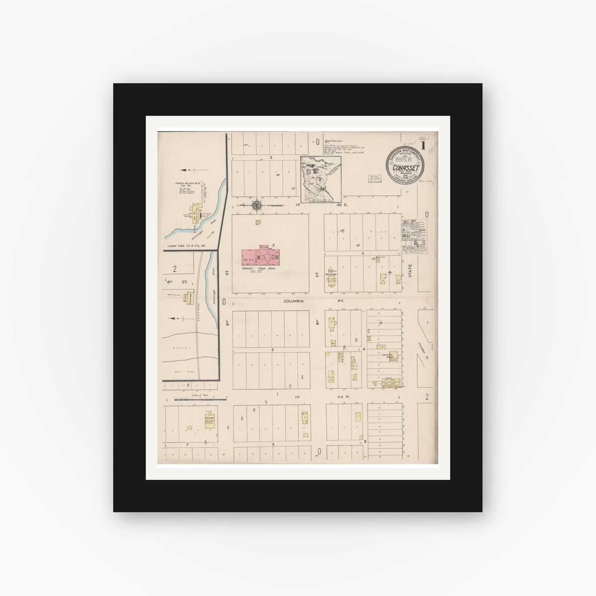 Old map wall art mockup — black gallery frame with white mat — Sanborn Fire Insurance Map from Cohasset, Itasca County, Minnesota (1922) - Complete Map Set