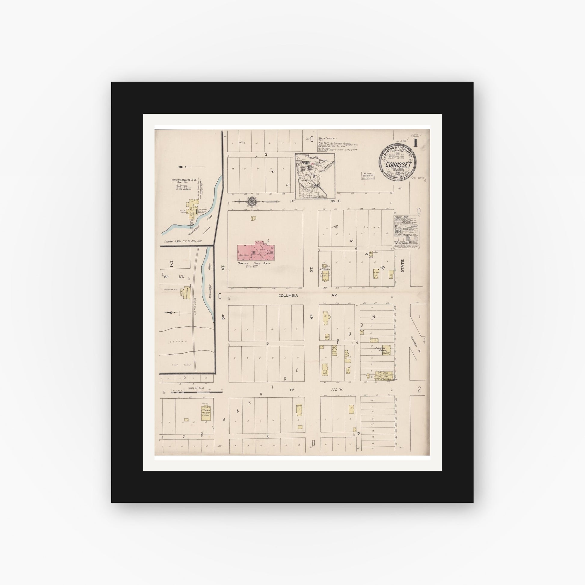 Old map wall art mockup — black gallery frame with white mat — Sanborn Fire Insurance Map from Cohasset, Itasca County, Minnesota (1922) - Complete Map Set