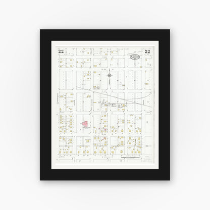 Old map wall art mockup — black gallery frame with white mat — Sanborn Fire Insurance Map from Plainview, Hale County, Texas (1927), Sheet #0022