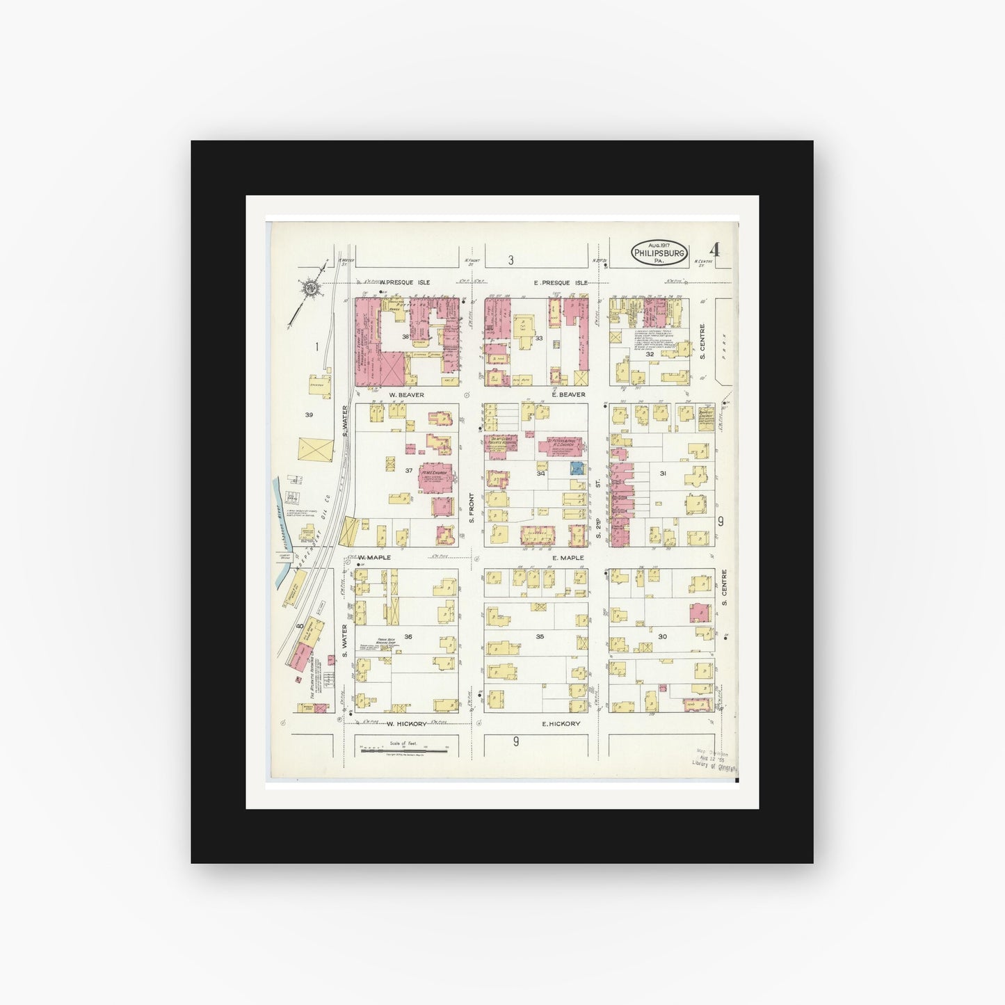 Old map wall art mockup — black gallery frame with white mat — Sanborn Fire Insurance Map from Philipsburg, Centre County, Pennsylvania (1917), Sheet #0004