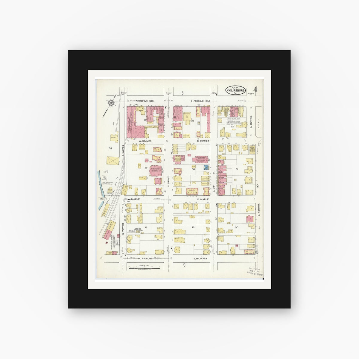 Old map wall art mockup — black gallery frame with white mat — Sanborn Fire Insurance Map from Philipsburg, Centre County, Pennsylvania (1917), Sheet #0004