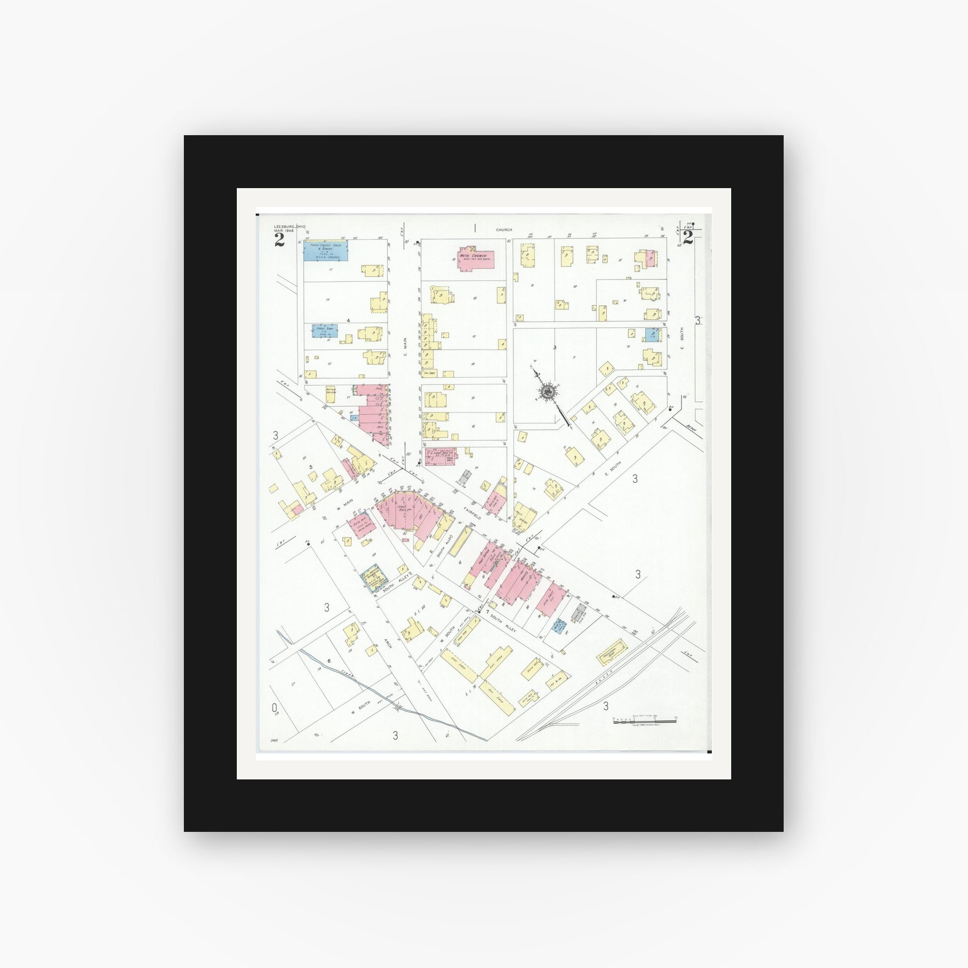 Old map wall art mockup — black gallery frame with white mat — Sanborn Fire Insurance Map from Leesburg, Highland County, Ohio (1948), Sheet #0002