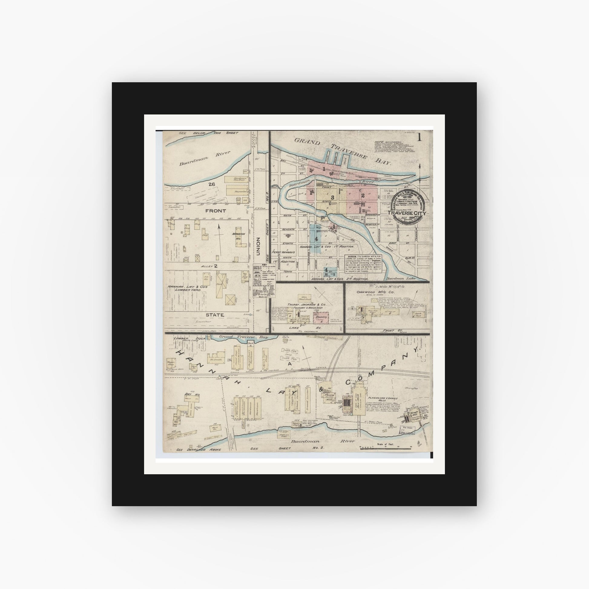 Old map wall art mockup — black gallery frame with white mat — Sanborn Fire Insurance Map from Traverse City, Grand Traverse County, Michigan (1884) - Complete Map Set