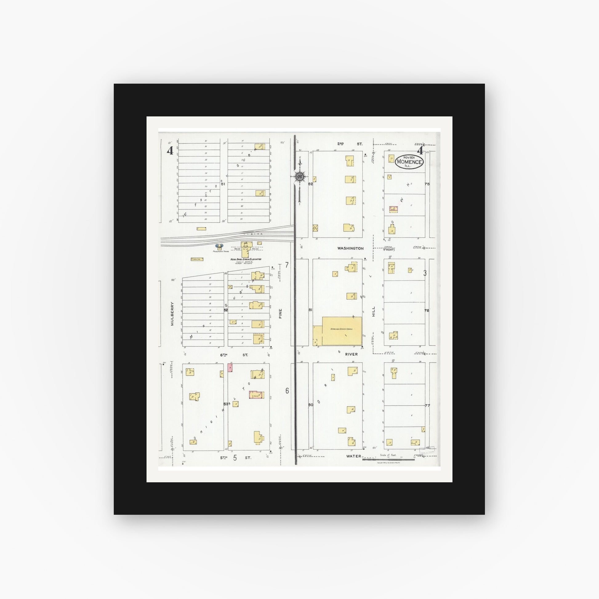 Old map wall art mockup — black gallery frame with white mat — Sanborn Fire Insurance Map from Momence, Kankakee County, Illinois (1924), Sheet #0004
