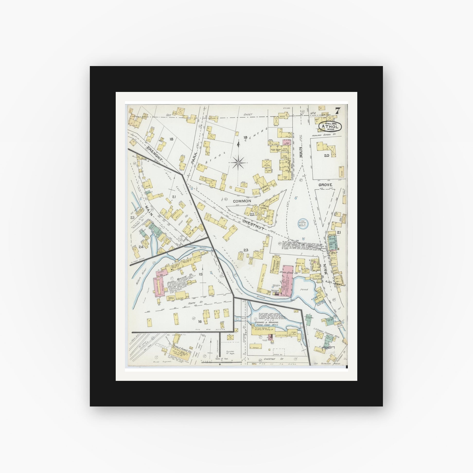 Old map wall art mockup — black gallery frame with white mat — Sanborn Fire Insurance Map from Athol, Worcester County, Massachusetts (1892), Sheet #0007