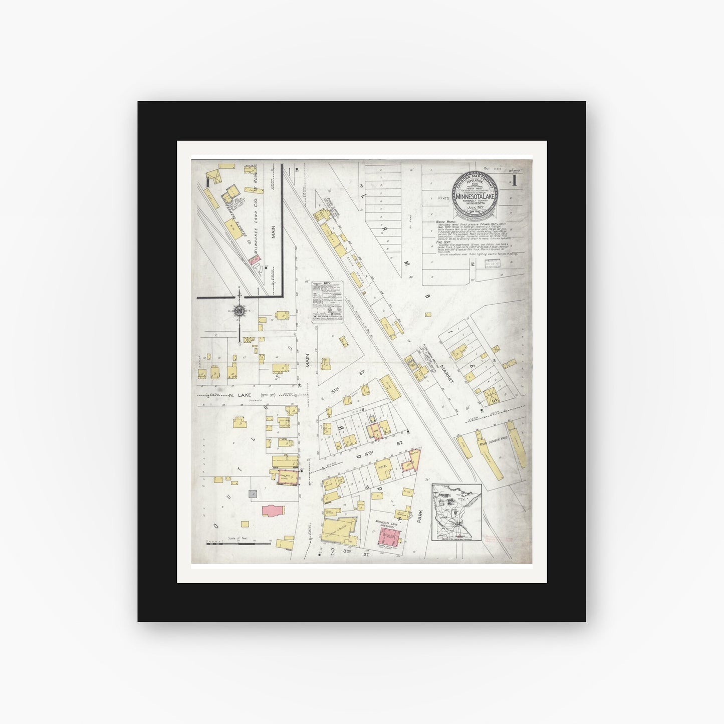Old map wall art mockup — black gallery frame with white mat — Sanborn Fire Insurance Map from Minnesota Lake, Faribault County, Minnesota (1927) - Complete Map Set