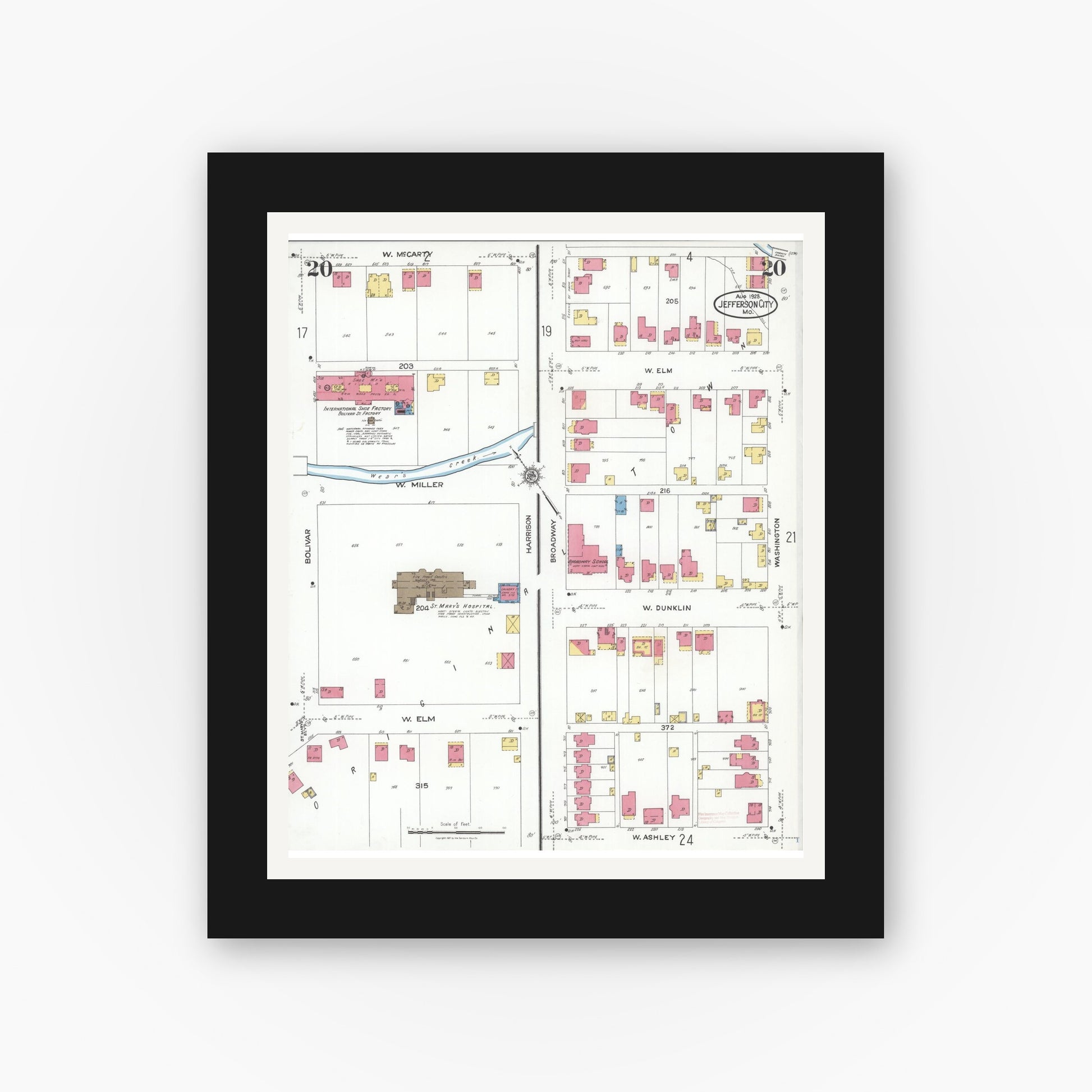 Old map wall art mockup — black gallery frame with white mat — Sanborn Fire Insurance Map from Jefferson City, Cole County, Missouri (1923), Sheet #0020