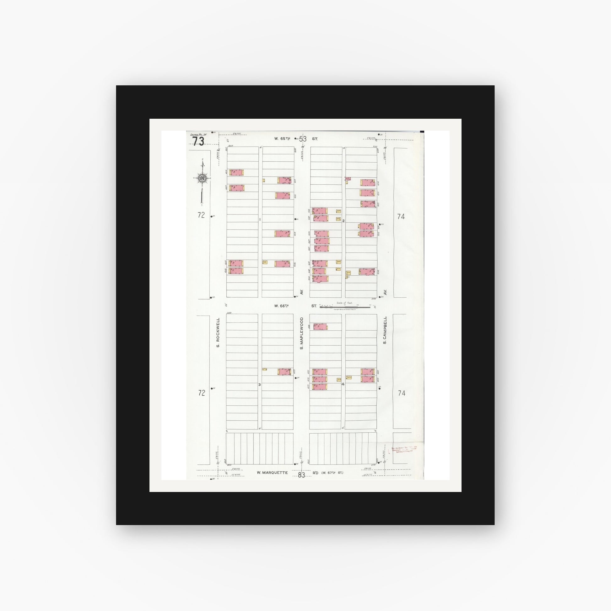 Old map wall art mockup — black gallery frame with white mat — Sanborn Fire Insurance Map from Chicago, Cook County, Illinois (1920), Sheet #0073