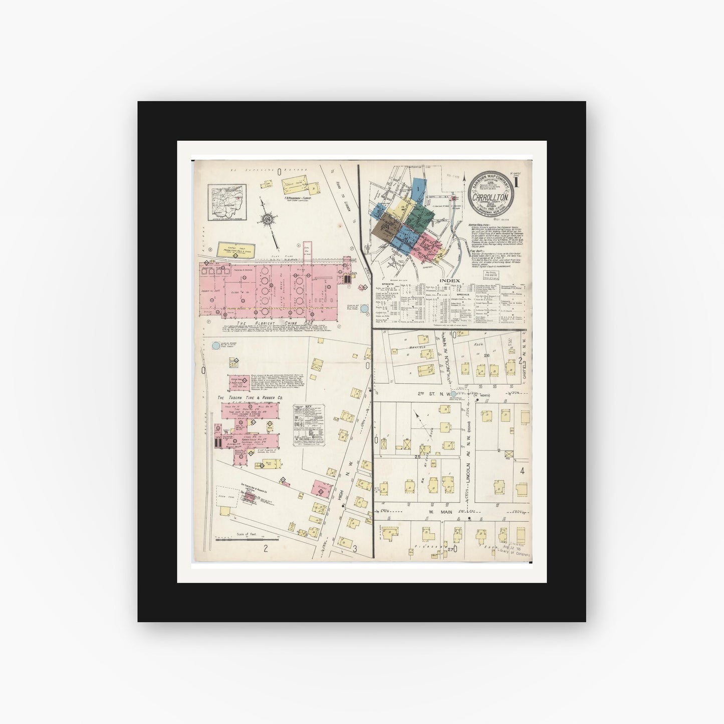 Old map wall art mockup — black gallery frame with white mat — Sanborn Fire Insurance Map from Carrollton, Carroll County, Ohio (1921), Sheet #0001