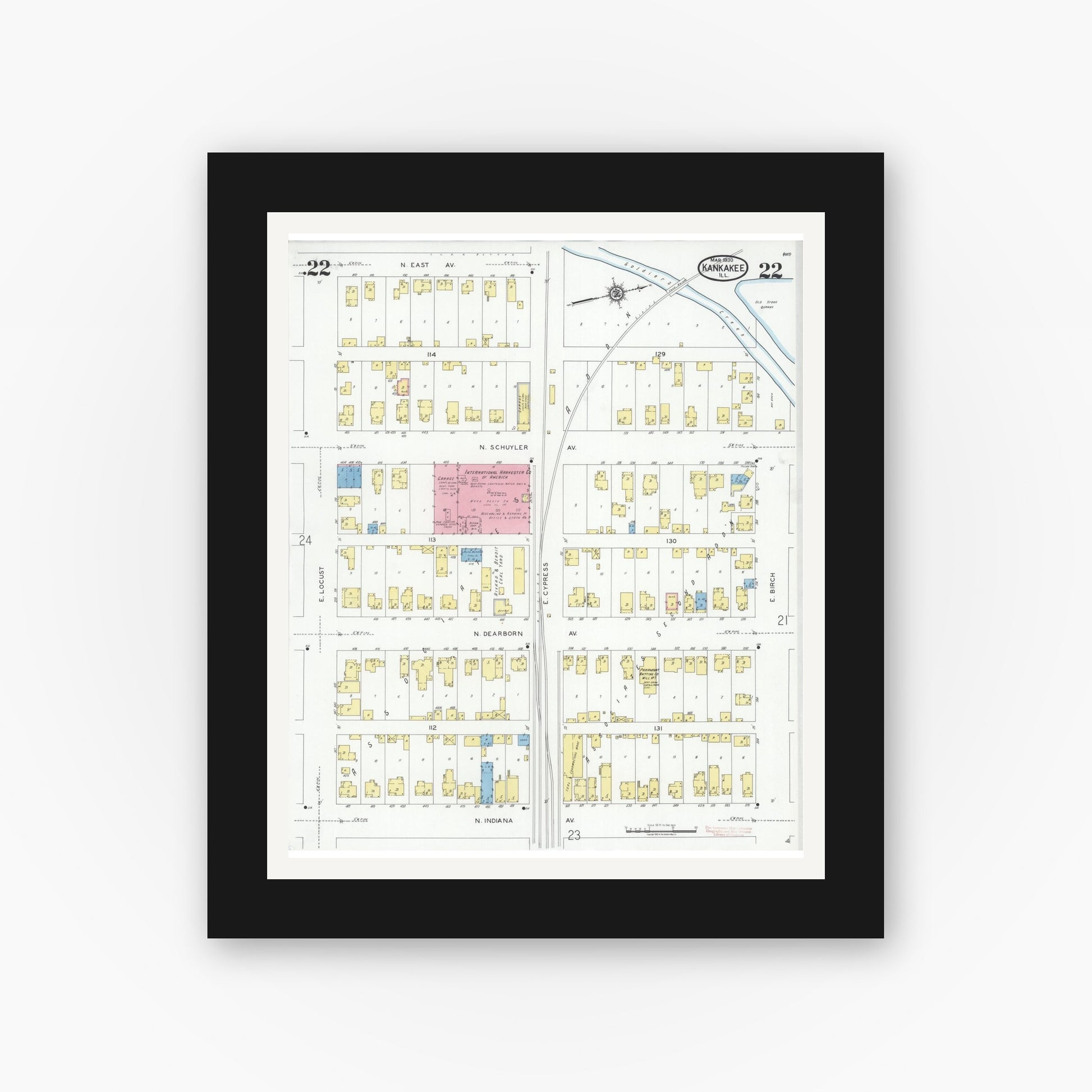 Old map wall art mockup — black gallery frame with white mat — Sanborn Fire Insurance Map from Kankakee, Kankakee County, Illinois (1930), Sheet #0022