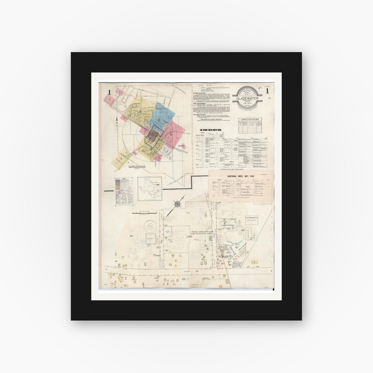 Old map wall art mockup — black gallery frame with white mat — Sanborn Fire Insurance Map from Gladewater, Gregg County, Texas (1938) - Complete Map Set