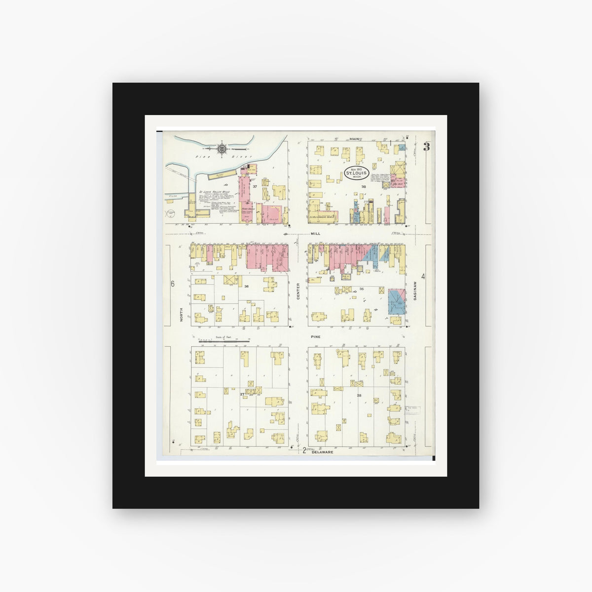 Old map wall art mockup — black gallery frame with white mat — Sanborn Fire Insurance Map from Saint Louis, Gratiot County, Michigan (1910), Sheet #0003