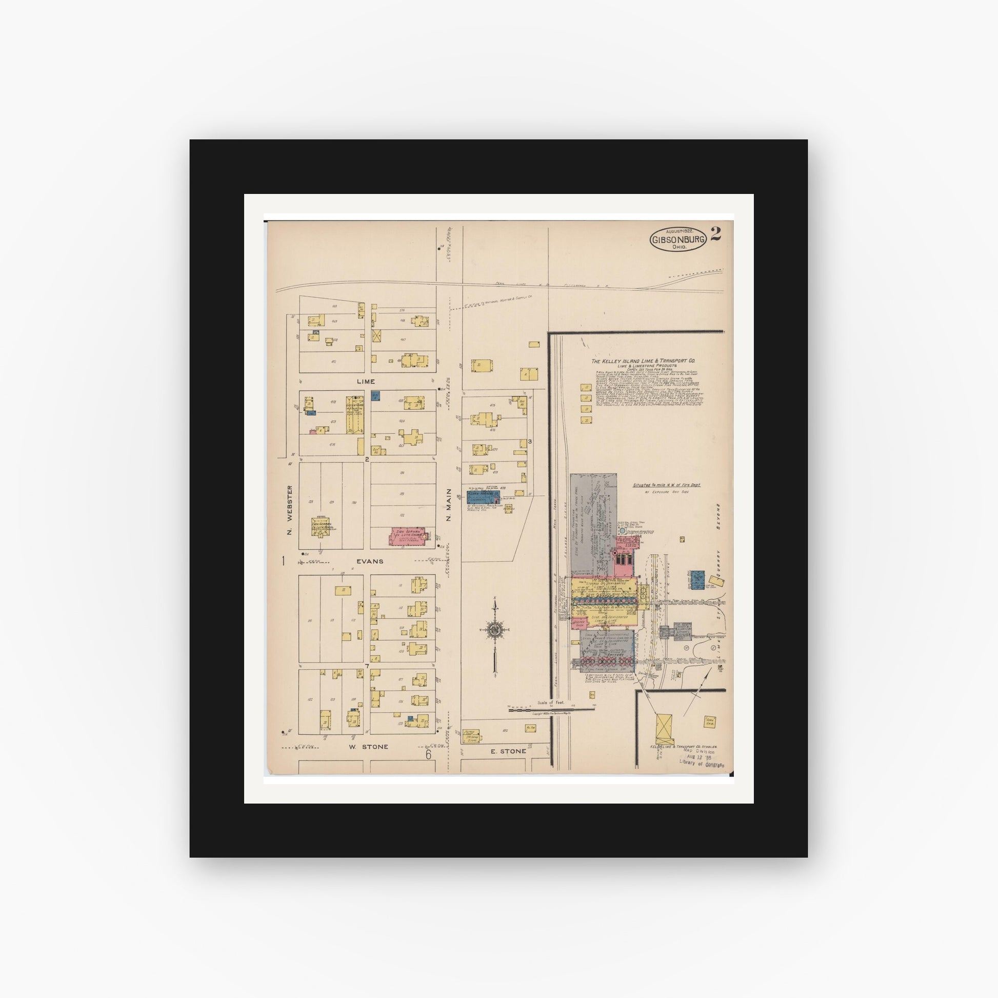 Old map wall art mockup — black gallery frame with white mat — Sanborn Fire Insurance Map from Gibsonburg, Sandusky County, Ohio (1922), Sheet #0002