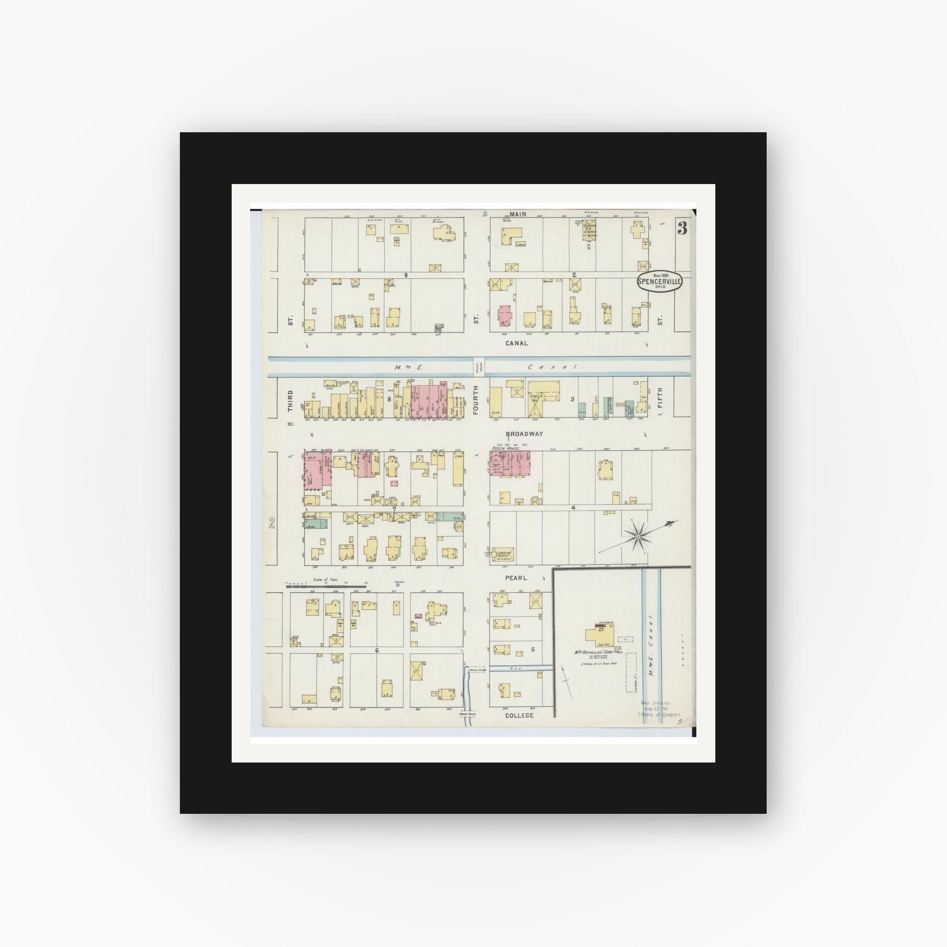 Old map wall art mockup — black gallery frame with white mat — Sanborn Fire Insurance Map from Spencerville, Allen County, Ohio (1895), Sheet #0003
