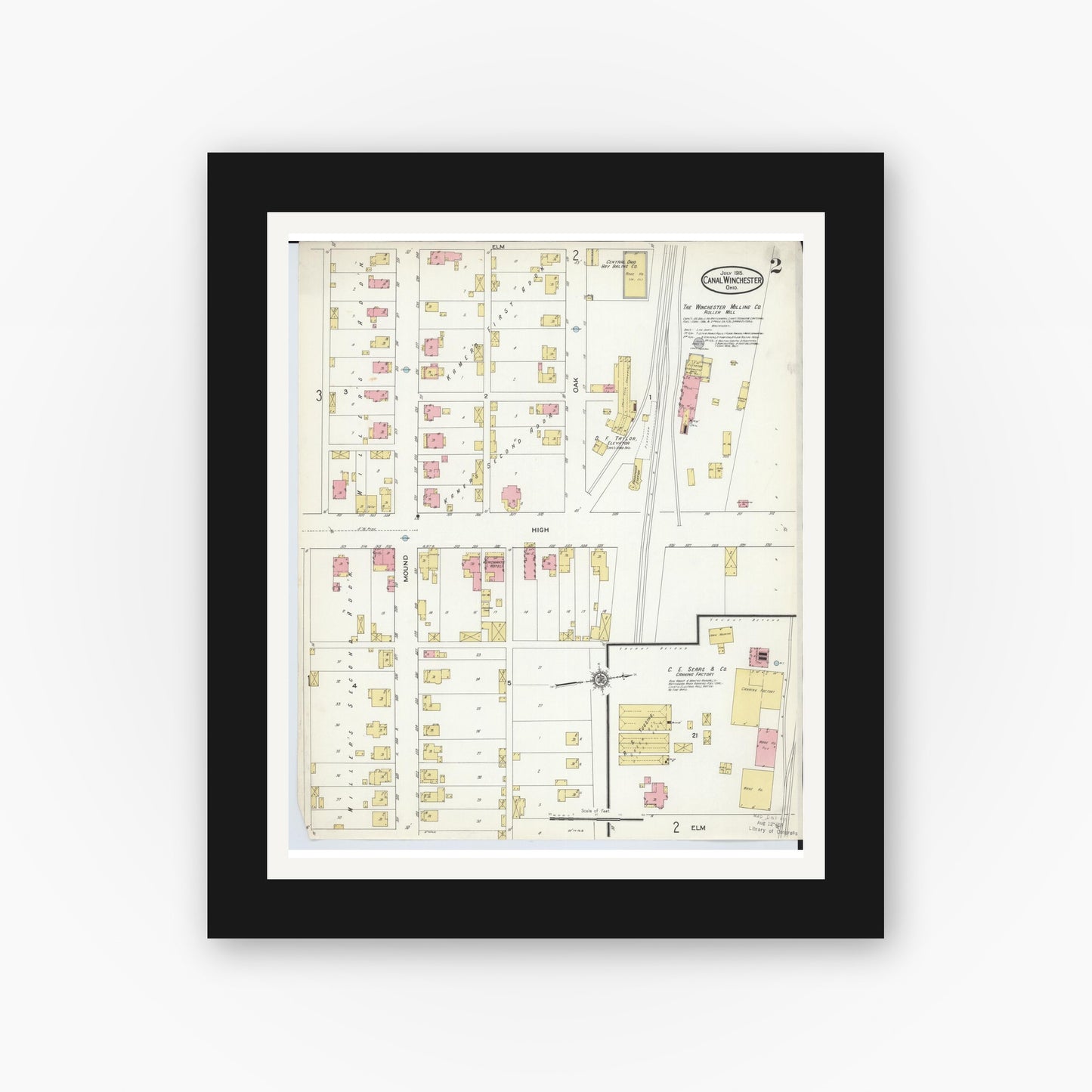 Old map wall art mockup — black gallery frame with white mat — Sanborn Fire Insurance Map from Canal Winchester, Franklin County, Ohio (1915), Sheet #0002