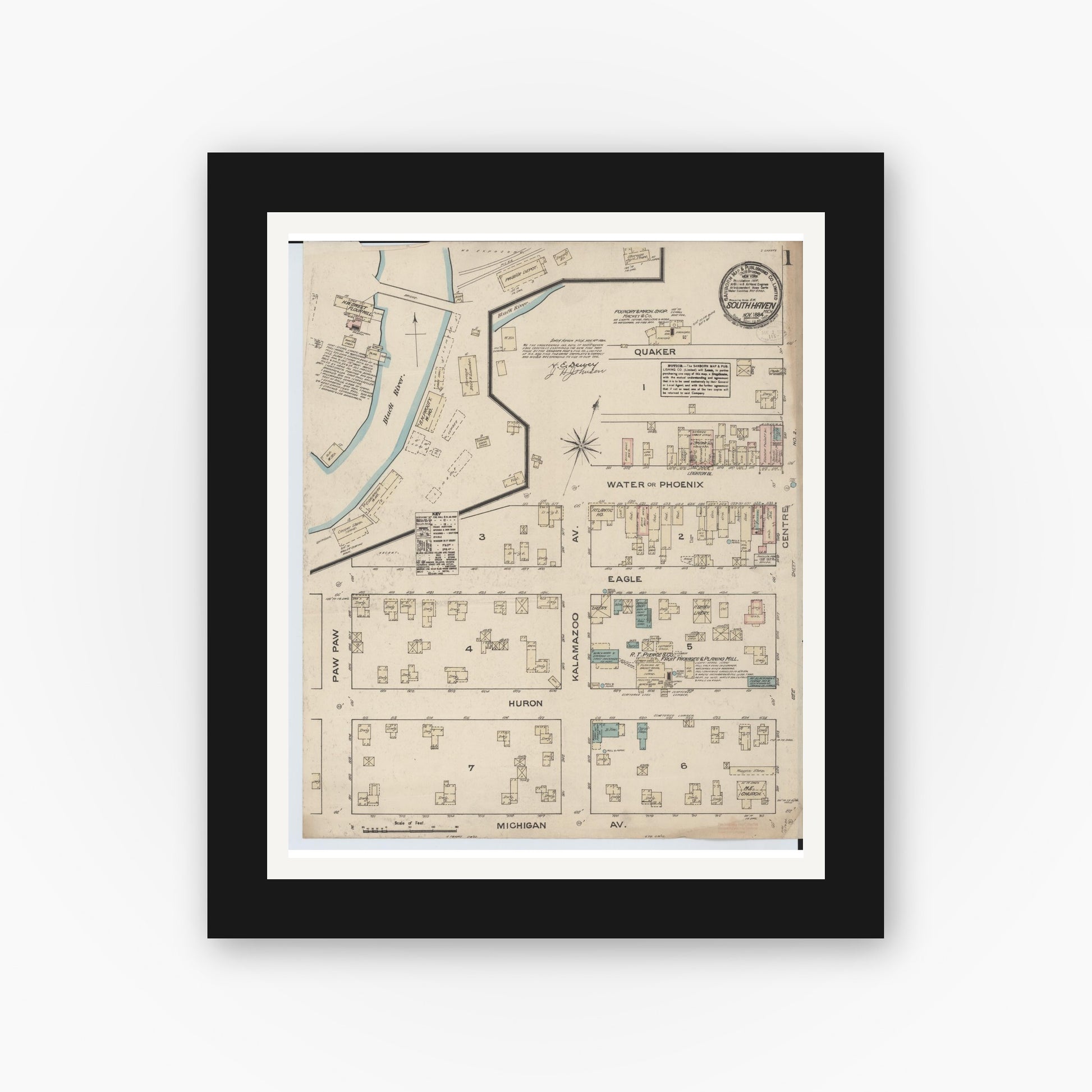Old map wall art mockup — black gallery frame with white mat — Sanborn Fire Insurance Map from South Haven, Van Buren County, Michigan (1884) - Complete Map Set