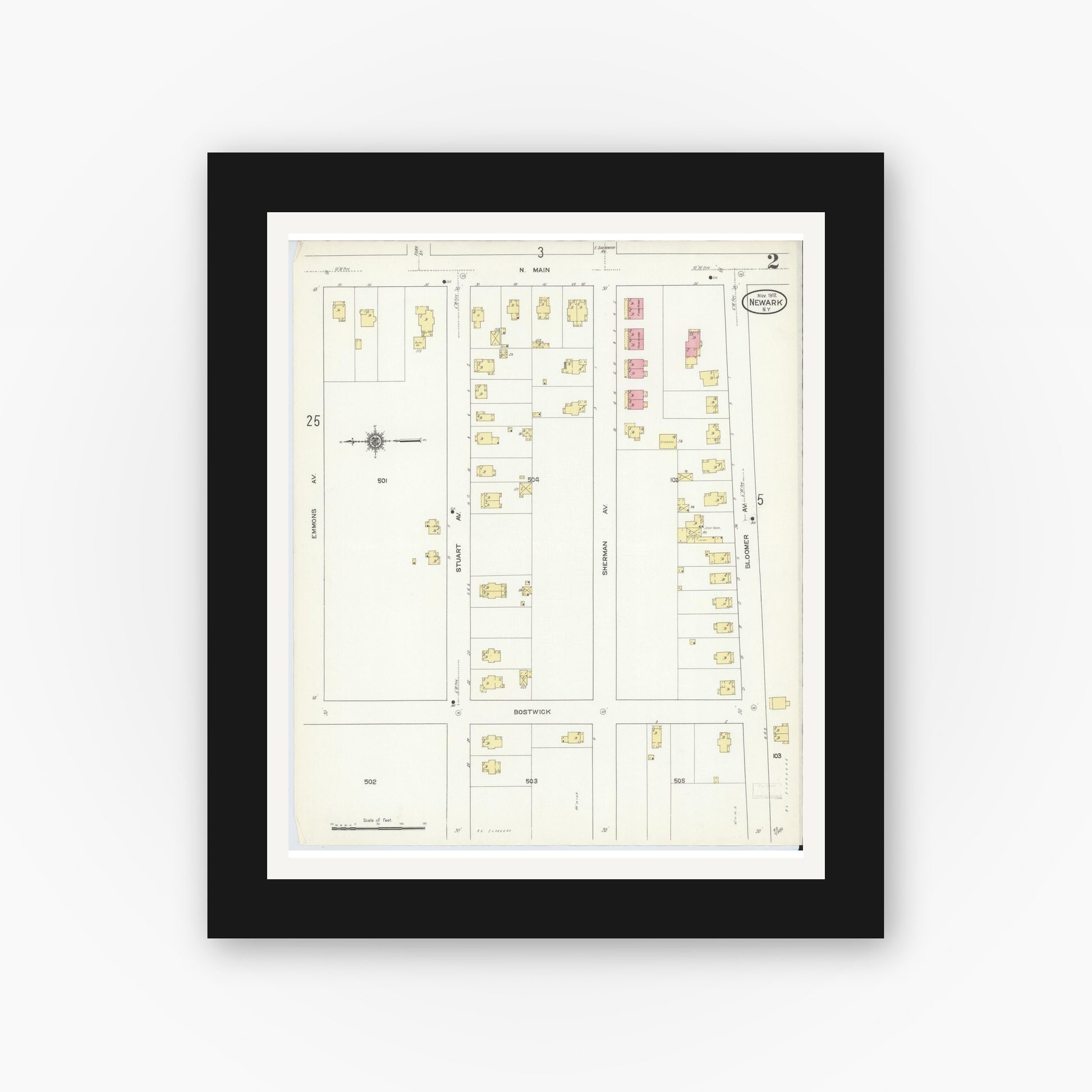 Old map wall art mockup — black gallery frame with white mat — Sanborn Fire Insurance Map from Newark, Wayne County, New York (1912) - Complete Map Set