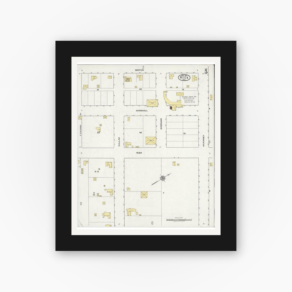 Old map wall art mockup — black gallery frame with white mat — Sanborn Fire Insurance Map from Rice, Navarro County, Texas (1921), Sheet #0005