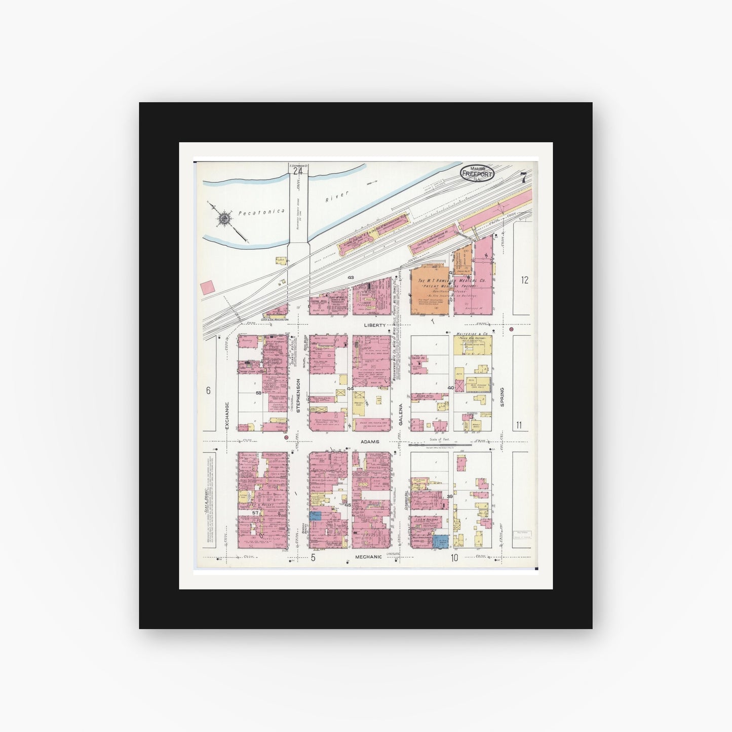 Old map wall art mockup — black gallery frame with white mat — Sanborn Fire Insurance Map from Freeport, Stephenson County, Illinois (1918), Sheet #0007