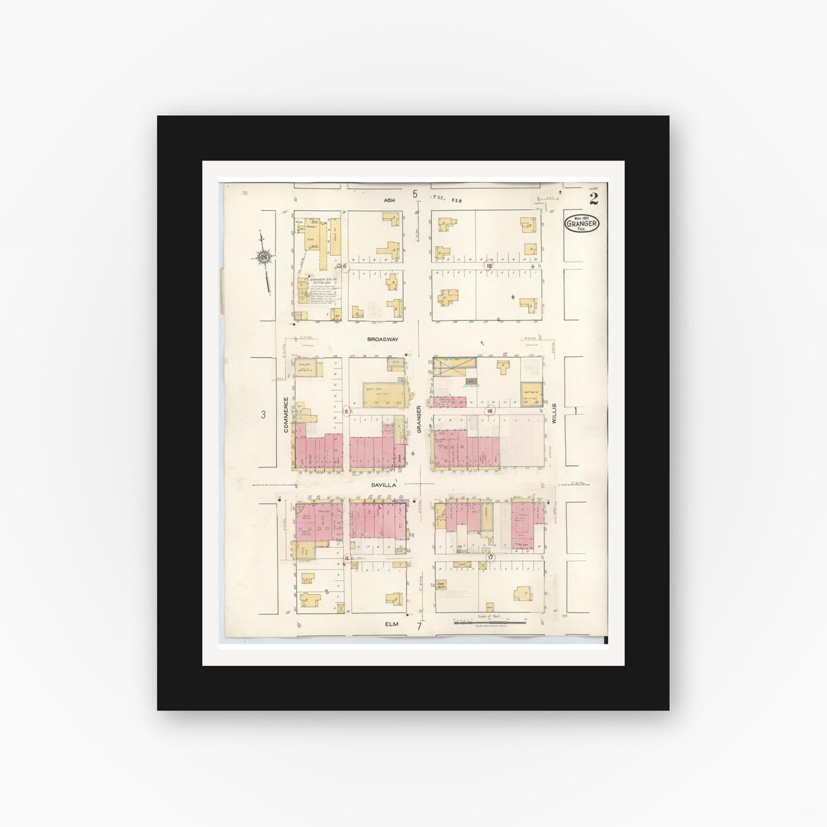 Old map wall art mockup — black gallery frame with white mat — Sanborn Fire Insurance Map from Granger, Williamson County, Texas (1940), Sheet #0002
