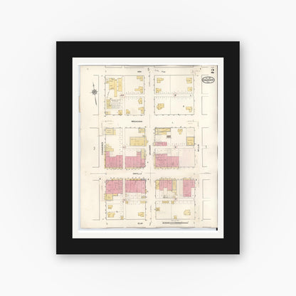 Old map wall art mockup — black gallery frame with white mat — Sanborn Fire Insurance Map from Granger, Williamson County, Texas (1940), Sheet #0002