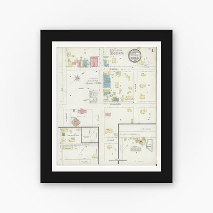 Old map wall art mockup — black gallery frame with white mat — Sanborn Fire Insurance Map from Gonzales, Gonzales County, Texas (1896), Sheet #0001
