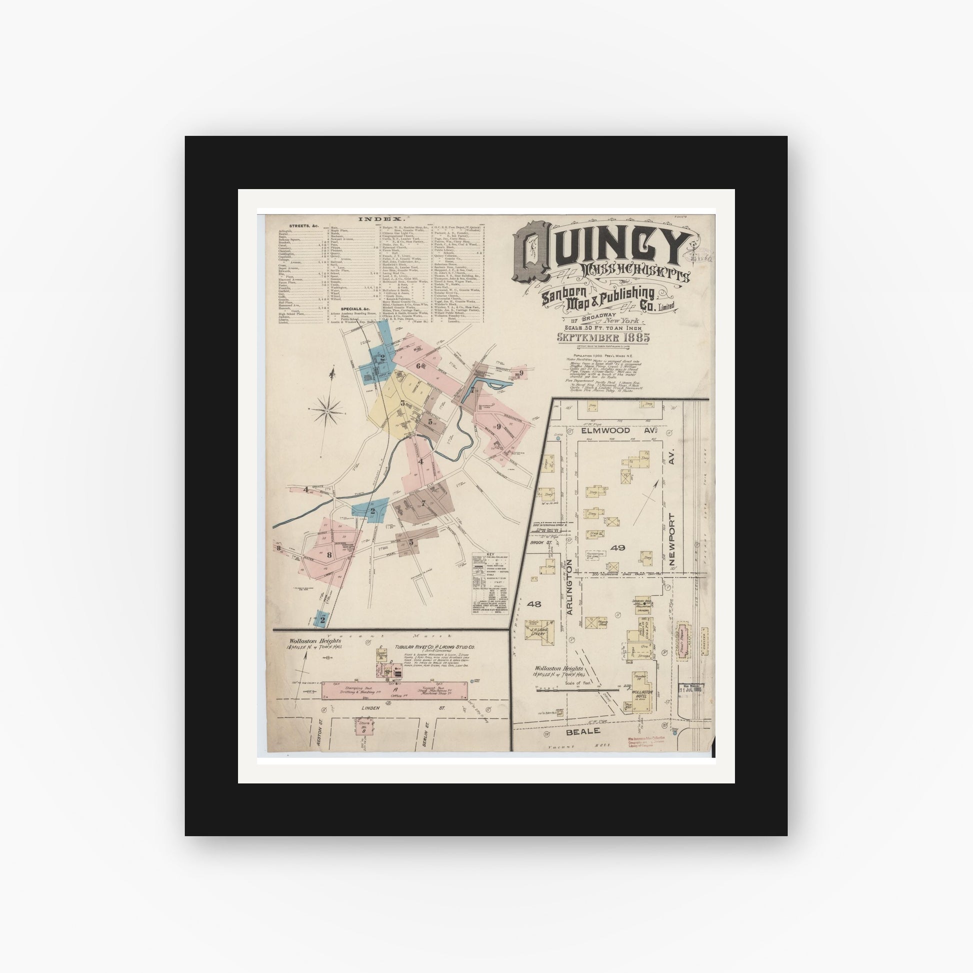 Old map wall art mockup — black gallery frame with white mat — Sanborn Fire Insurance Map from Quincy, Norfolk County, Massachusetts (1885) - Complete Map Set