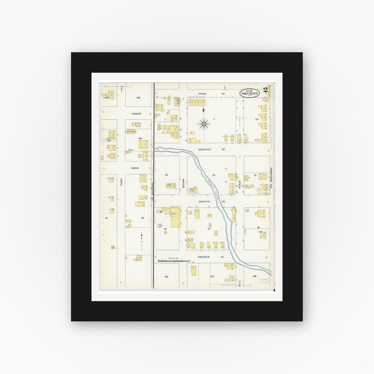Old map wall art mockup — black gallery frame with white mat — Sanborn Fire Insurance Map from Pablo Beach, Duval County, Florida (1909), Sheet #0002