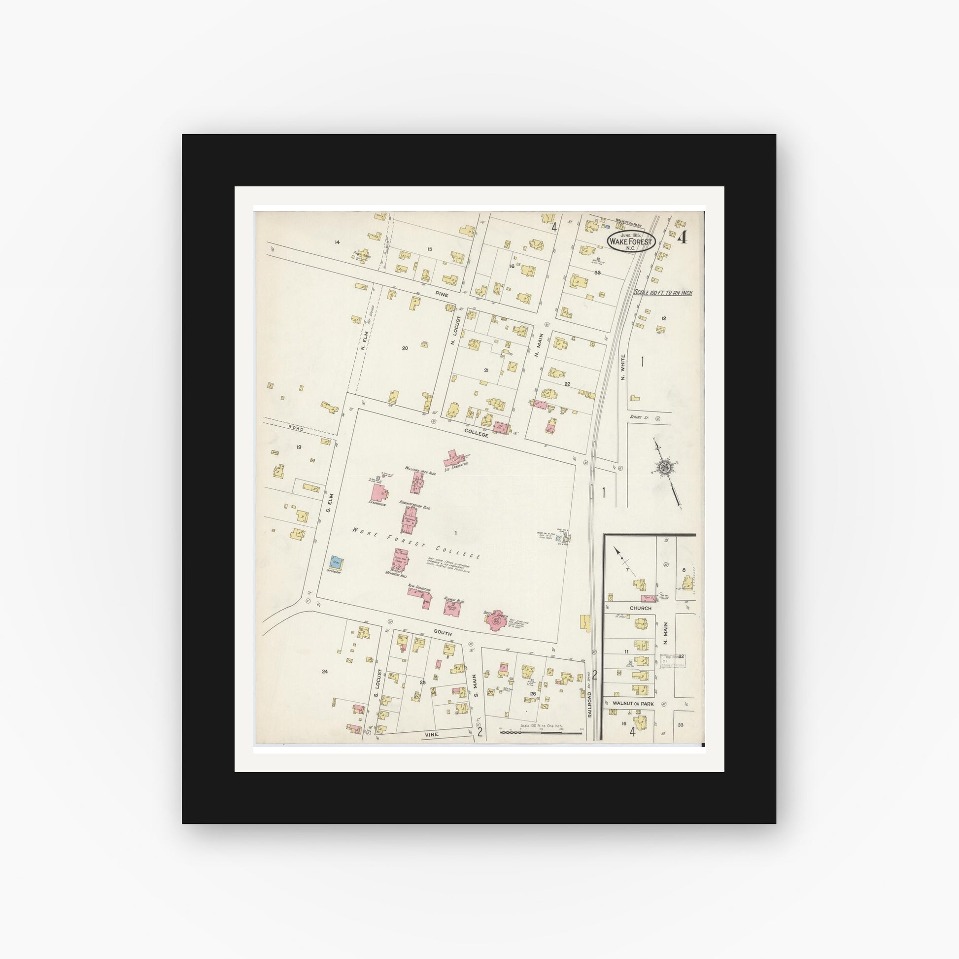 Old map wall art mockup — black gallery frame with white mat — Sanborn Fire Insurance Map from Wake Forest, Wake County, North Carolina (1915), Sheet #0004
