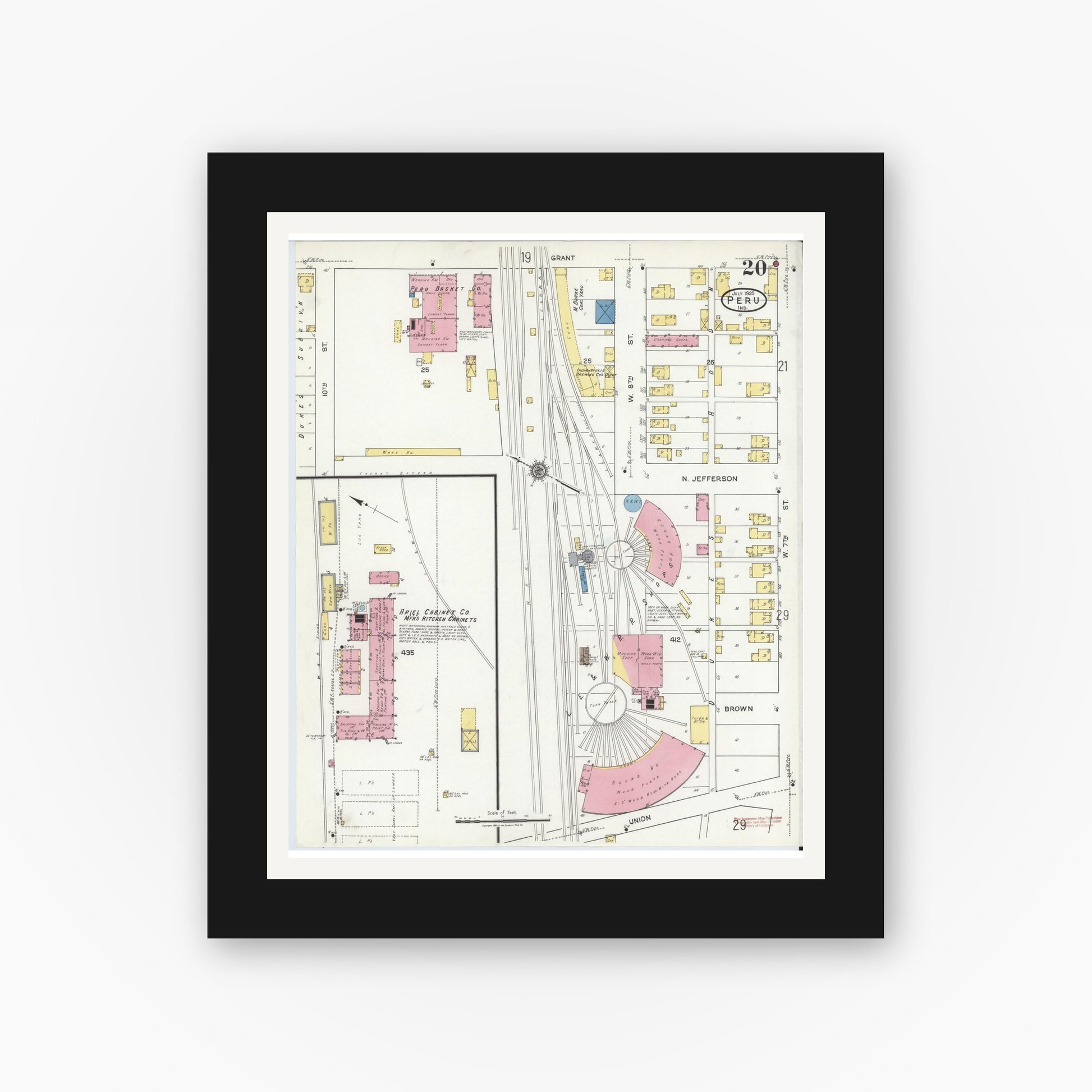 Old map wall art mockup — black gallery frame with white mat — Sanborn Fire Insurance Map from Peru, Miami County, Indiana (1920), Sheet #0020