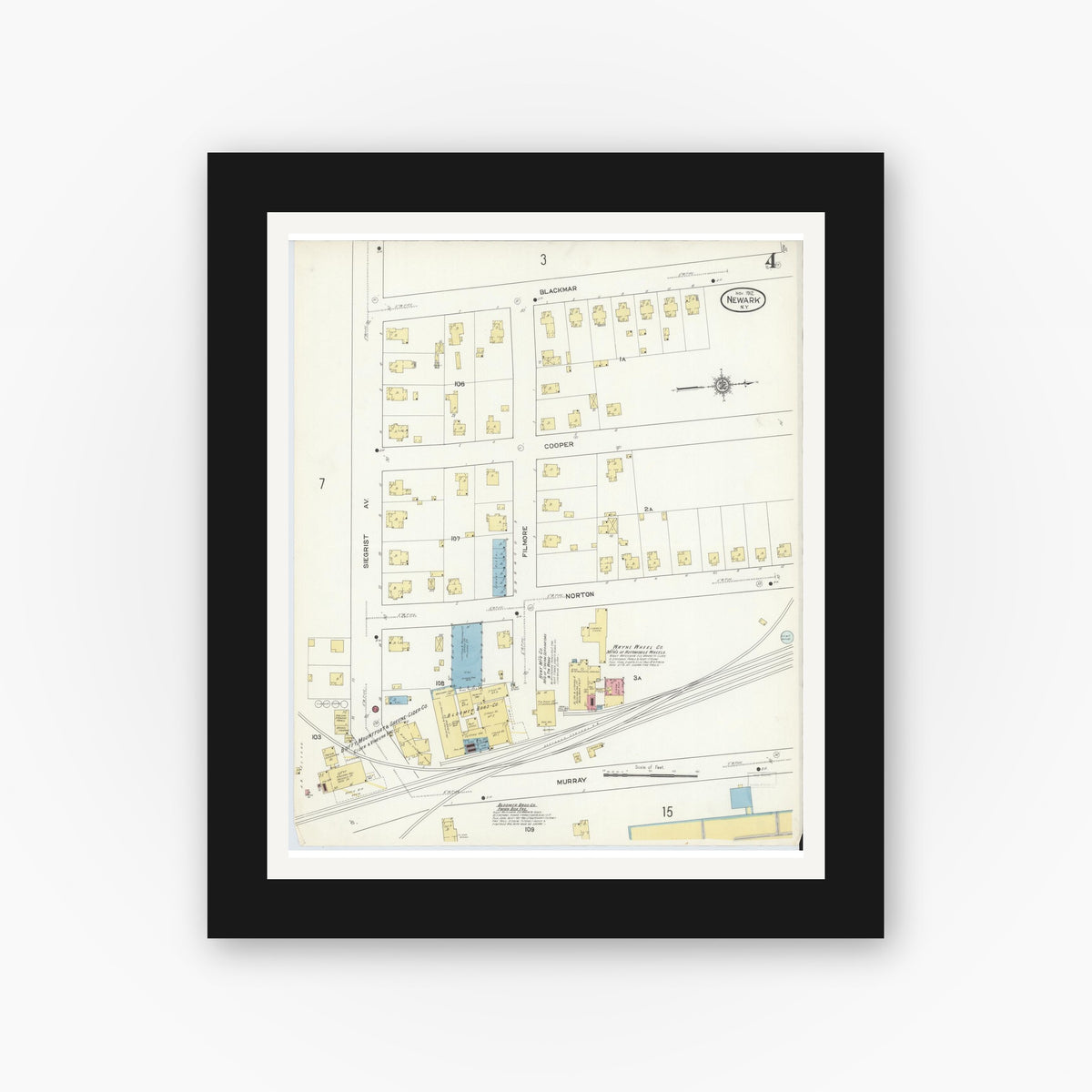 Old map wall art mockup — black gallery frame with white mat — Sanborn Fire Insurance Map from Newark, Wayne County, New York (1912), Sheet #0004