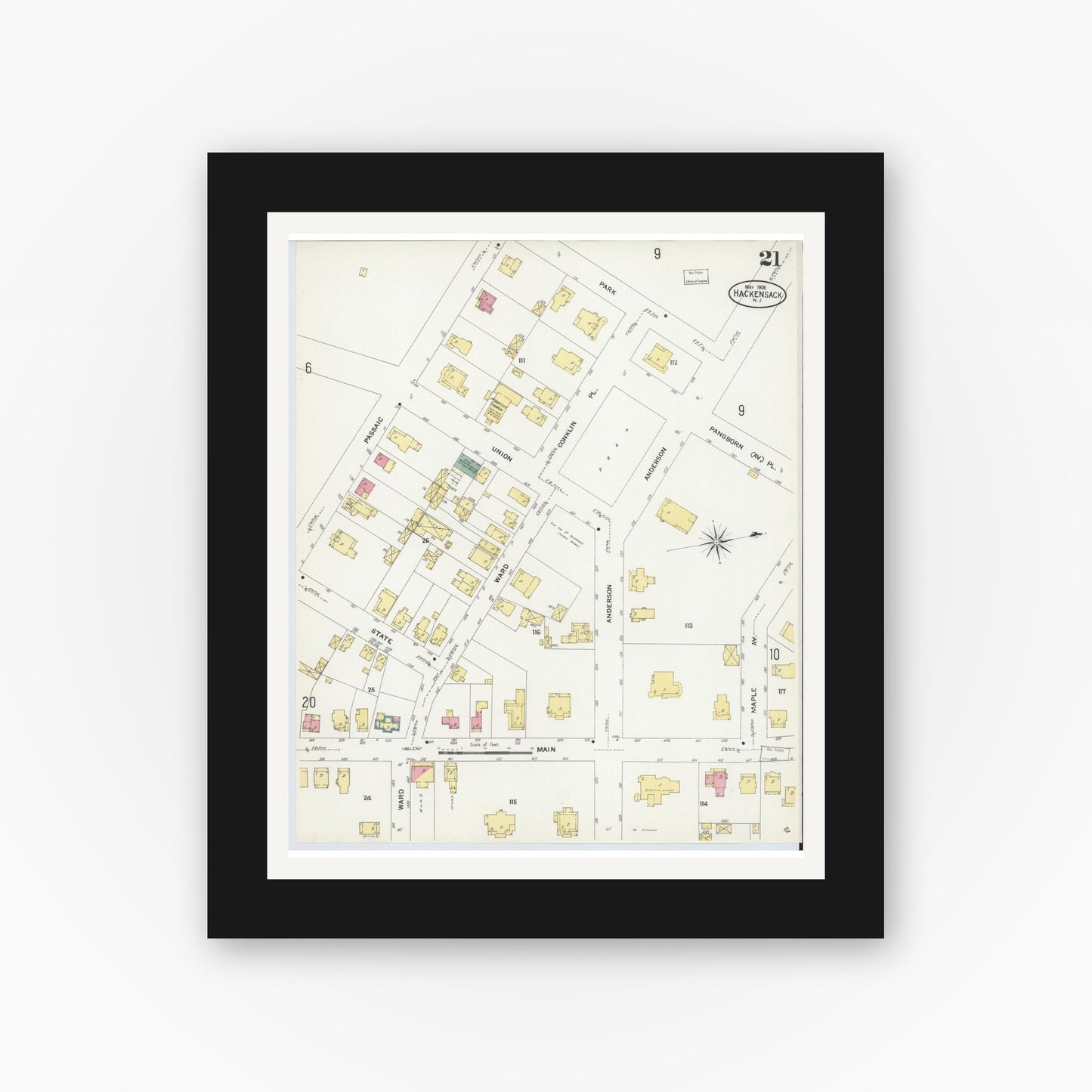 Old map wall art mockup — black gallery frame with white mat — Sanborn Fire Insurance Map from Hackensack, Bergen County, New Jersey (1908), Sheet #0021