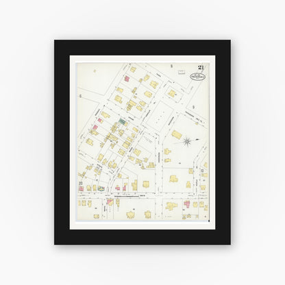 Old map wall art mockup — black gallery frame with white mat — Sanborn Fire Insurance Map from Hackensack, Bergen County, New Jersey (1908), Sheet #0021