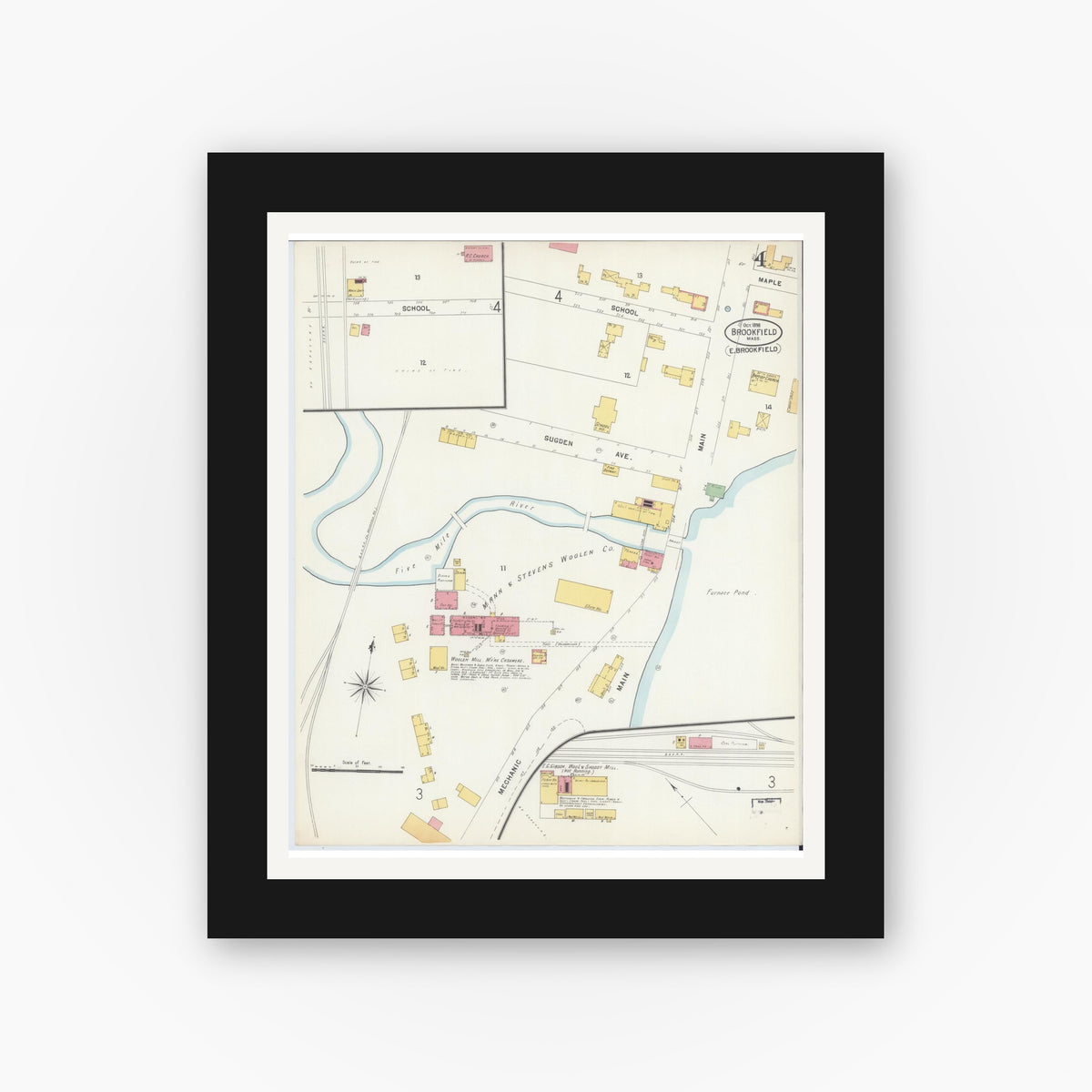 Old map wall art mockup — black gallery frame with white mat — Sanborn Fire Insurance Map from Brookfield, Worcester County, Massachusetts (1898), Sheet #0004
