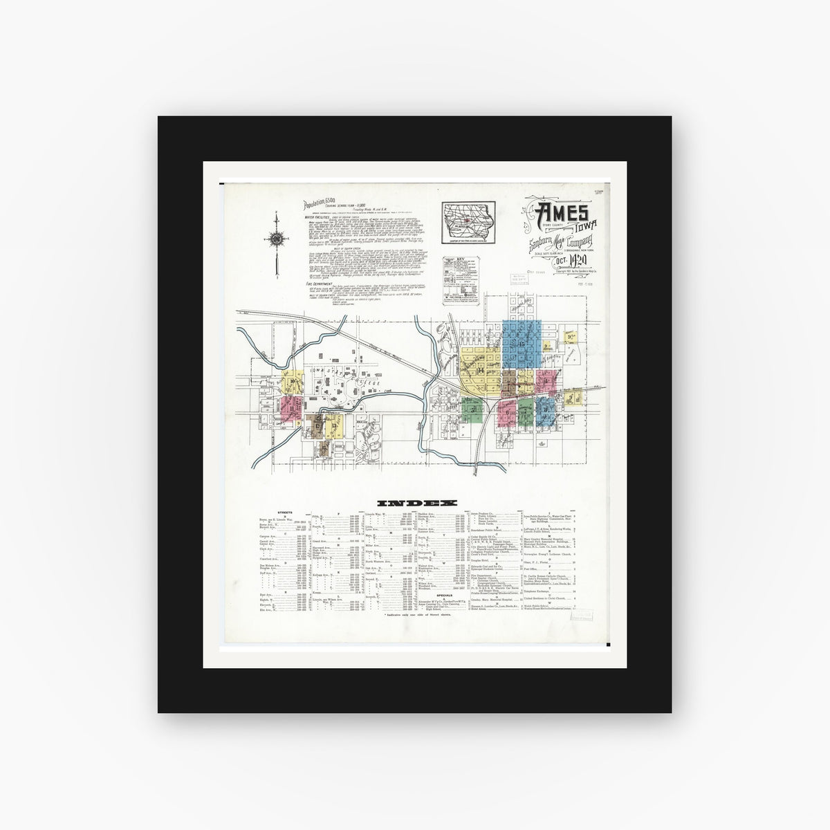 Old map wall art mockup — black gallery frame with white mat — Sanborn Fire Insurance Map from Ames, Story County, Iowa (1920) â€” Complete Set